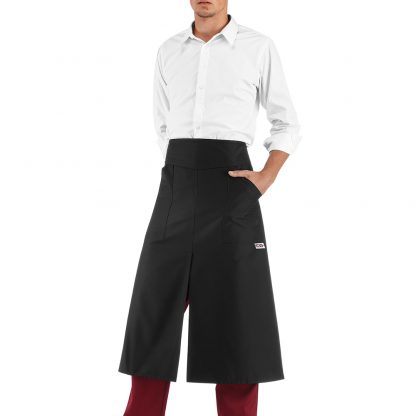 LONG WAIST APRON WITH FOLDED TOP, POCKET AND KNEE SPLIT
